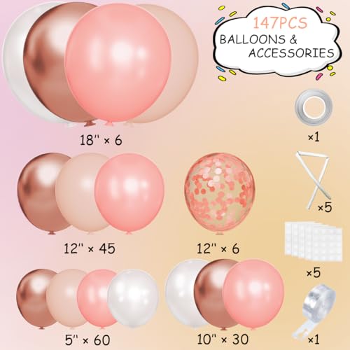 MEBAY 147PCS Rose Gold Balloon Garland Arch Kit Pearl Rose Gold Metallic White Nude Balloons with Confetti for Wedding Bridal Shower Princess Party Girl Birthday Baby Shower Decorations - Image 5