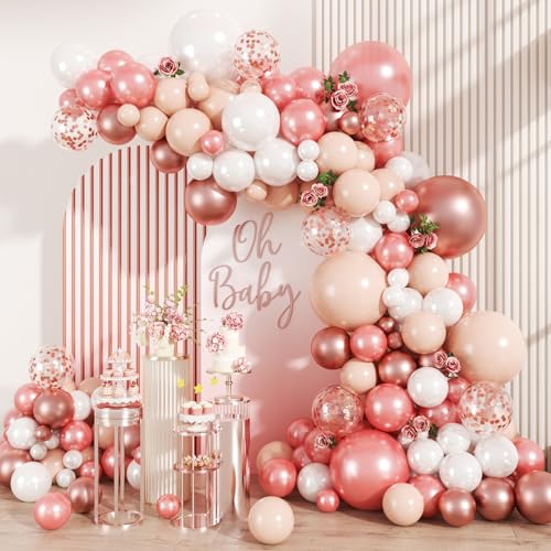 MEBAY 147PCS Rose Gold Balloon Garland Arch Kit Pearl Rose Gold Metallic White Nude Balloons with Confetti for Wedding Bridal Shower Princess Party Girl Birthday Baby Shower Decorations - Image 1