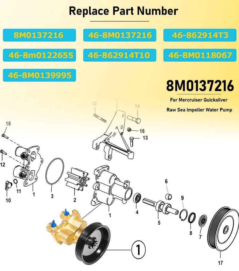 Camoo Brass Raw Sea Water Pump Kit For Mercury Mercruiser Quicksilver 4.3, 5.0, 5.7, 6.2 Replace# 8M0139995, 8M0137216, 46-862914T10, 46-8M0118067 - Image 3