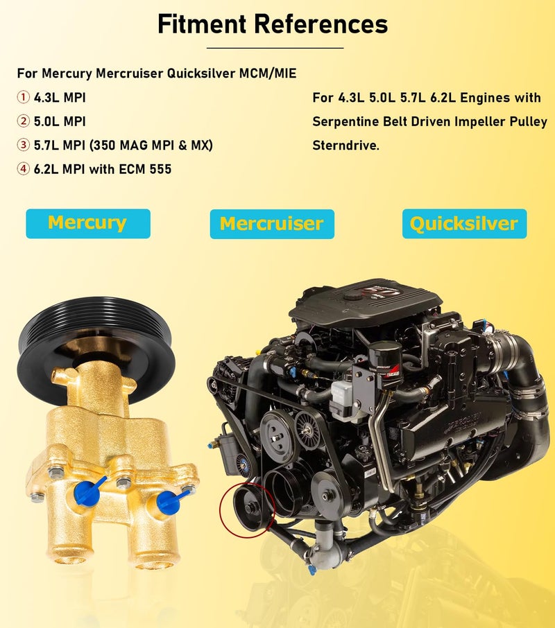 Camoo Brass Raw Sea Water Pump Kit For Mercury Mercruiser Quicksilver 4.3, 5.0, 5.7, 6.2 Replace# 8M0139995, 8M0137216, 46-862914T10, 46-8M0118067 - Image 2