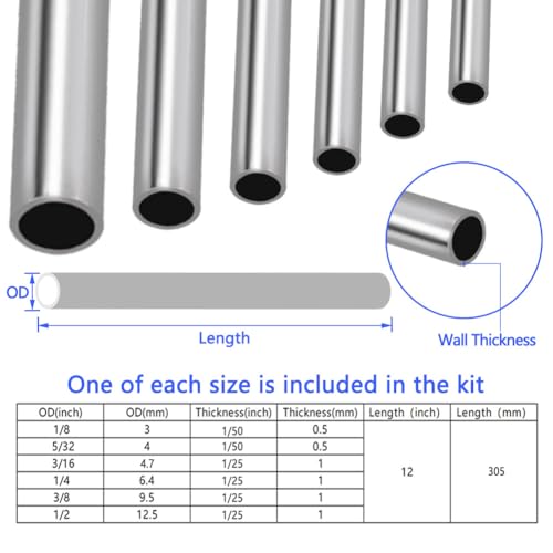 Tynulox 304 Stainless Steel Tube, 3-12.5mm OD, 0.5-1mm Wall, 305mm Length, Silver, Pack of 6 - Image 2