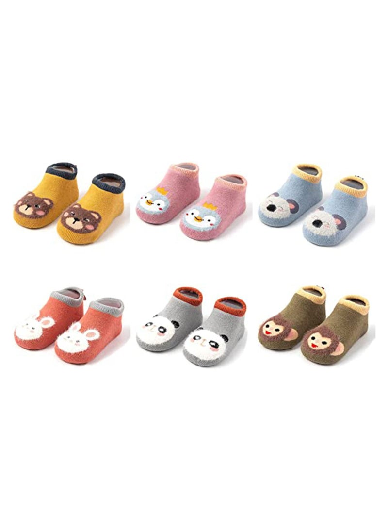 Excefore Baby Anti Slip Sock, 6 Pairs Non Skid Low Cut Socks No-Show Infant Cotton Cartoon Warm Slippers Floor Boat Ankle Socks  - Image 1