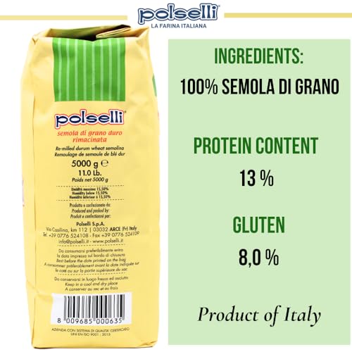 POLSELLI Italian Semola Flour, 11 lbs (5 kg), Fine Ground Semolina Rimachinata for Fresh Pasta, Bread, Durum Wheat, Product of Italy, - Image 2