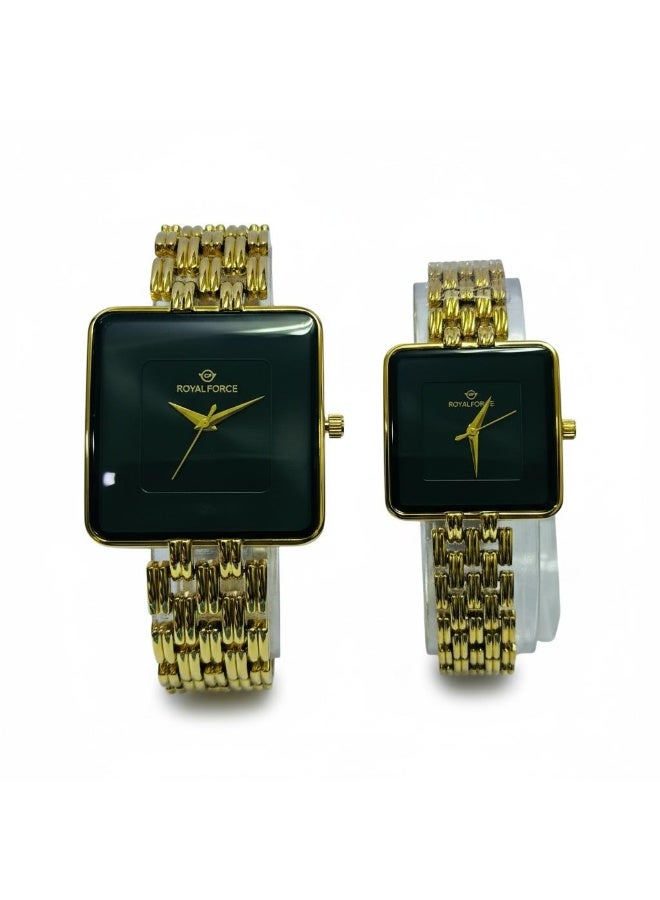 ROYAL FORCE ELARA Square Duo Couple Watch Set RF2501 Gold Stainless Steel Luxury Analog Quartz Wrist Watches for Men & Women - Image 2