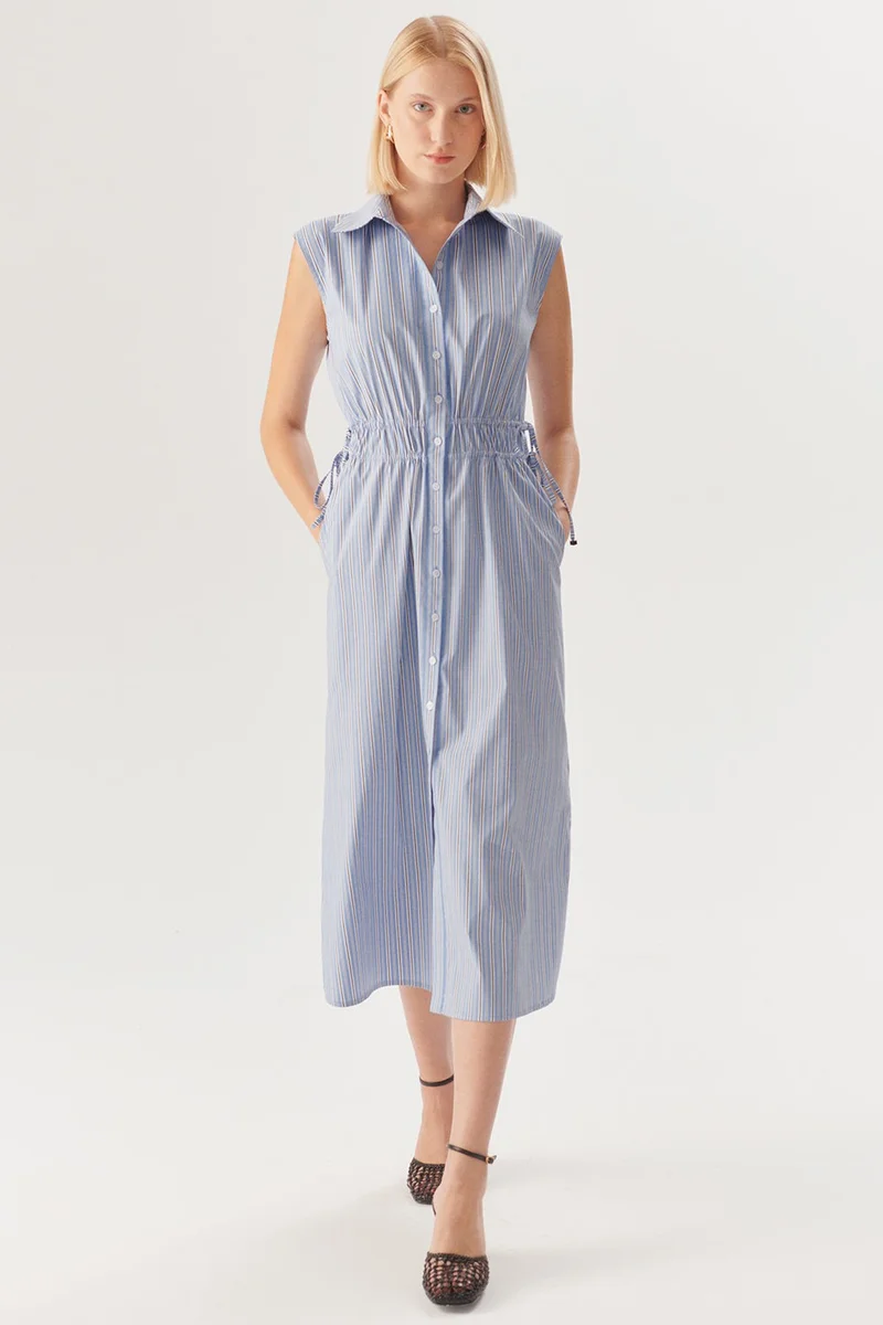 EXQUISE Blue Striped Cotton Midi Shirt Dress with Elastic Waist and Drawstring Detail