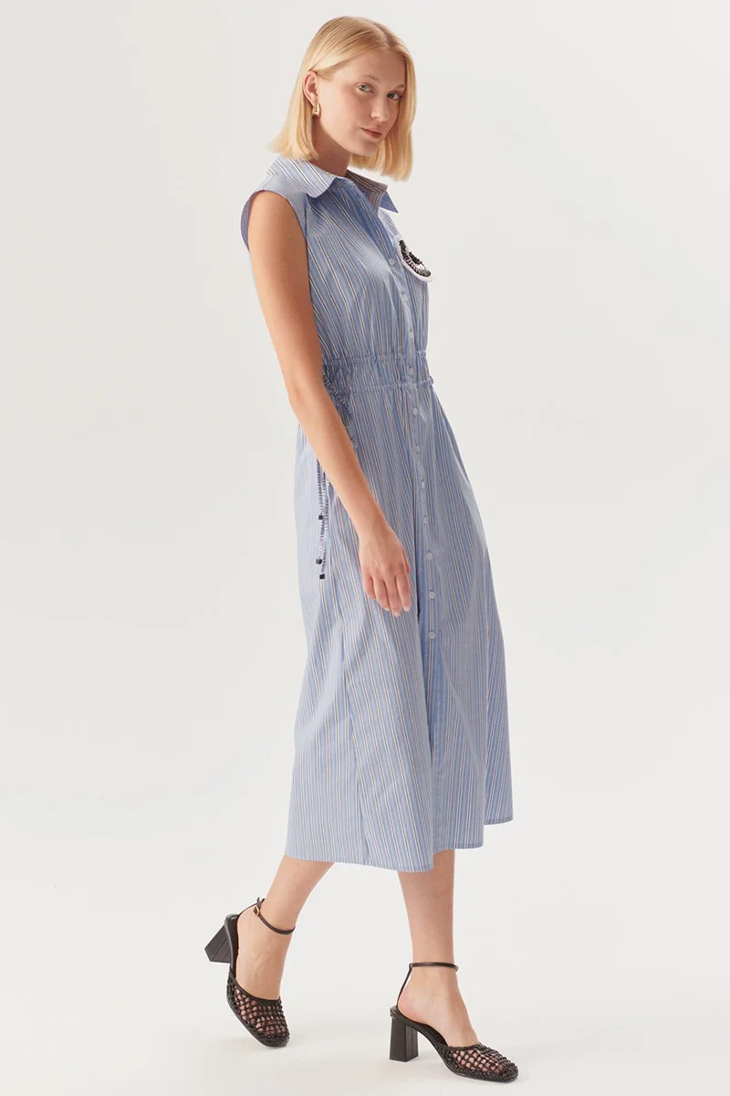 EXQUISE Blue Striped Cotton Midi Shirt Dress with Elastic Waist and Drawstring Detail