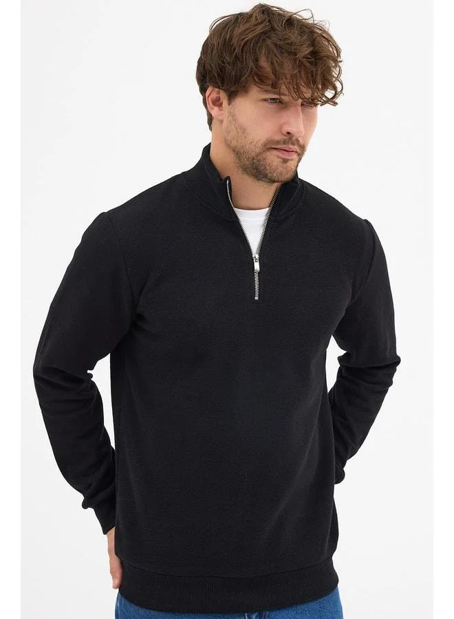 Mmetalic  Men’s Black Standard Fit Regular Cut Cotton Half-Zip Stand-Up Collar Sweatshirt. for Men | Best Price UAE