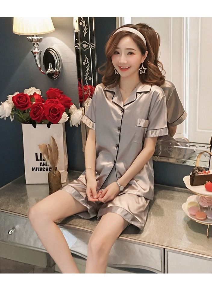 DUNISO Women's Soft Pajamas Set Silky Sleepwear 2 Piece Short sleeve Pajama Set Sleepwear Loungewear Button-Down Pajama Sets L - Image 3