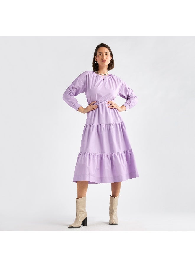 سبلاش فيڤ فستان سادة متعدد الطبقات بأكمام منفوخة - Image 4