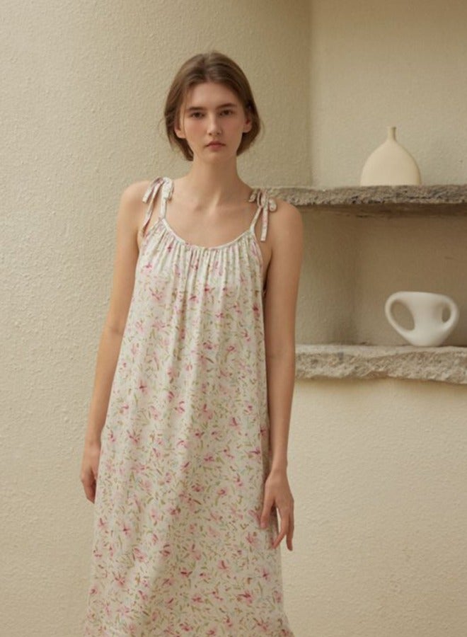 Fashion Satin Bowknot Suspender Dress - Two Styles In One, Fresh Pink Floral Nightgown Women's Robe (Size M) - Image 3