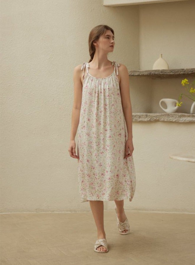 Fashion Satin Bowknot Suspender Dress - Two Styles In One, Fresh Pink Floral Nightgown Women's Robe (Size M) - Image 1