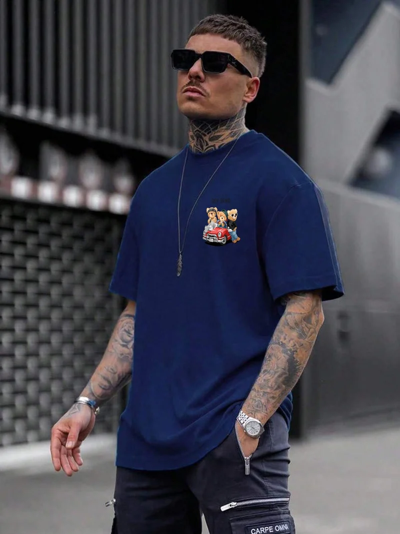 دوغ فش Teddy Printed Oversize Navy Blue Men's T-Shirt