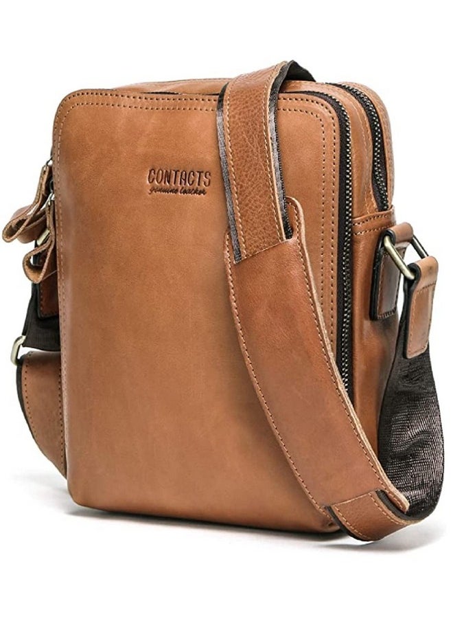 CONTACTS Contacts Men's and Women's Genuine Leather Messenger/Crossbody/Sling Bag (Tan) Compatible with I PAD & Mini Laptop or Tablet upto 9 Inches - 09  - Image 1