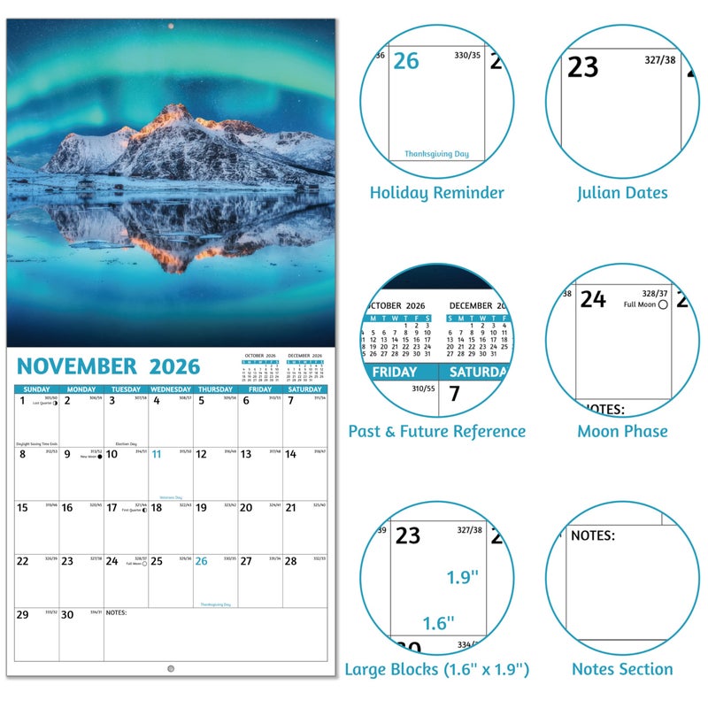 GoiUnlt 2026 Calendar  2026 Wall Calendar  Northern Lights Calendar 2026 From Jan 2026 - Dec 2026  12"" X 24"" (Open)  12 Month Wall Calendar 2026  Large Blocks  Thick Paper  Hanging Holes  Ample Writing Space - Image 4