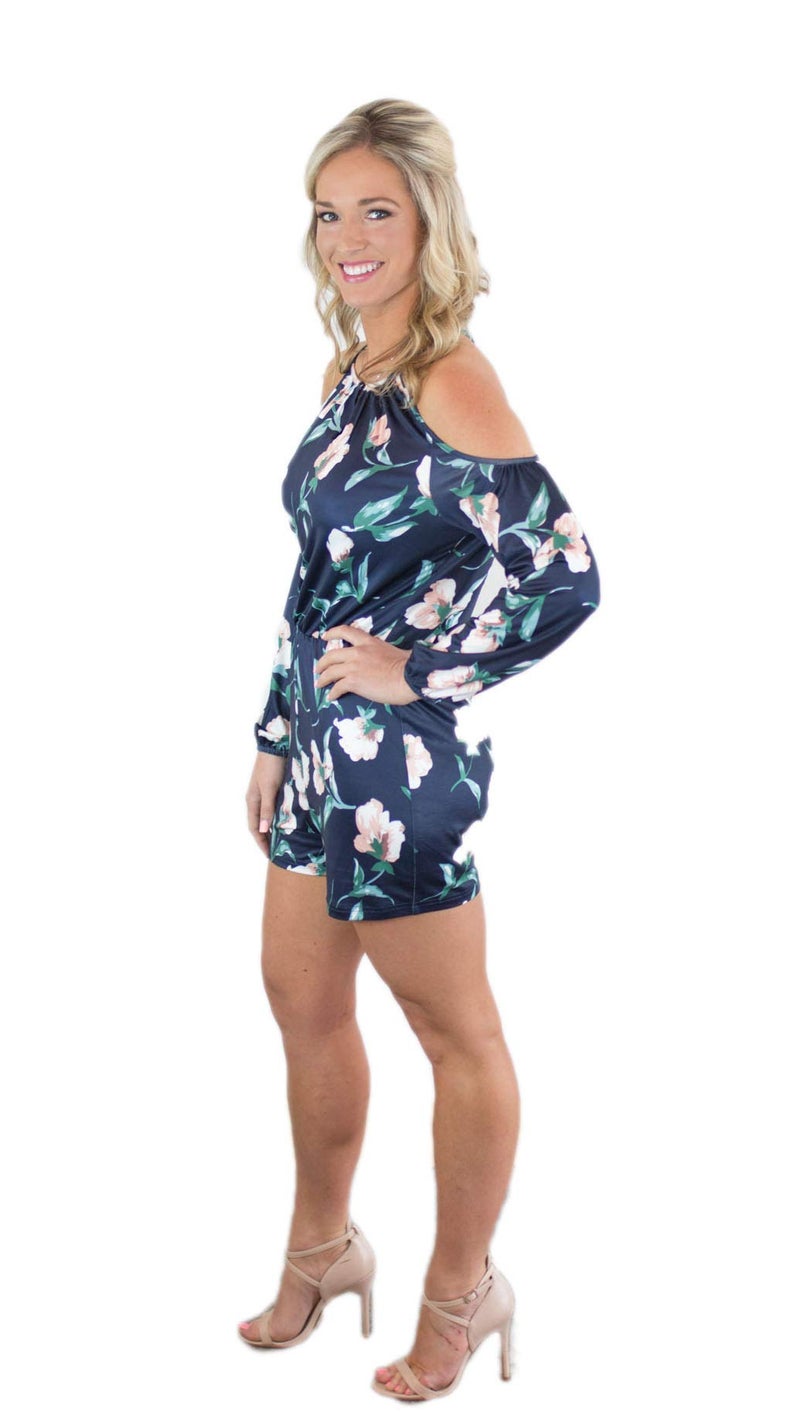 Charm Your Prince Women's Summer Jumper Navy Blue White Floral Cold Shoulder Romper Dress L - Image 4