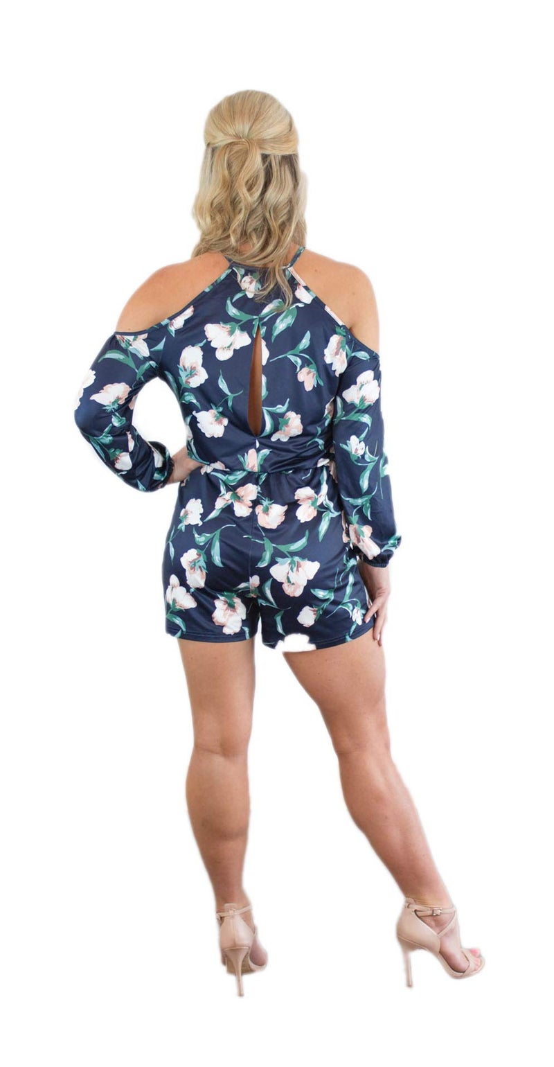 Charm Your Prince Women's Summer Jumper Navy Blue White Floral Cold Shoulder Romper Dress L - Image 3