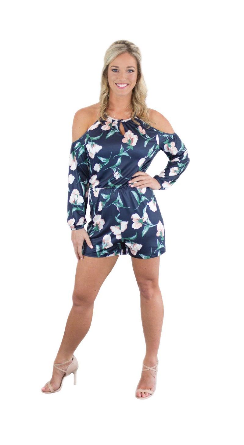 Charm Your Prince Women's Summer Jumper Navy Blue White Floral Cold Shoulder Romper Dress L - Image 5