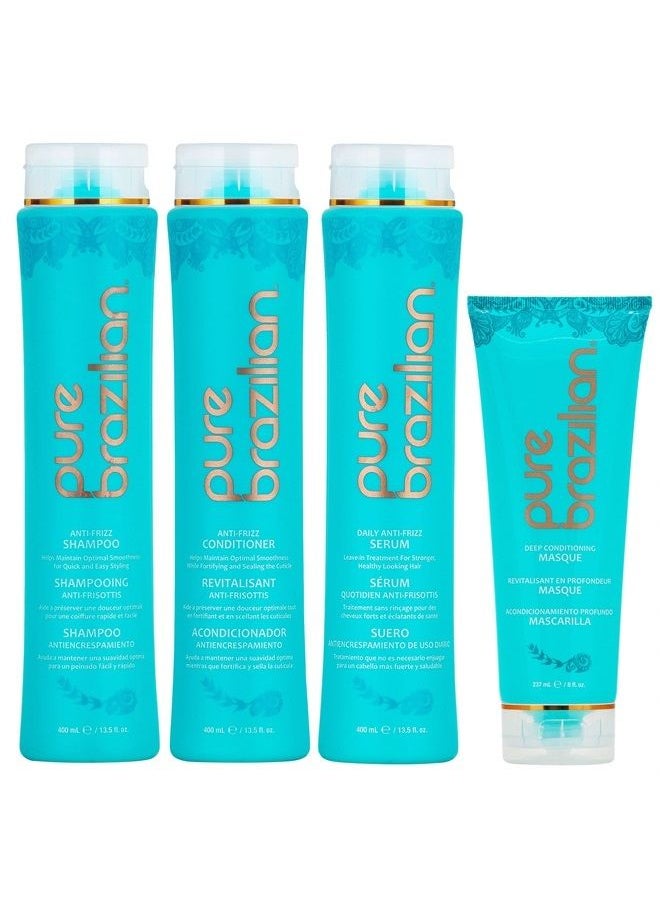 Pure Brazilian 4 Piece Essential Home Care Kit - Anti Frizz Serum, Shampoo, Conditioner, And Deep Conditioning Masque- With Keratin, Argan Oil, And Acai  - Image 1