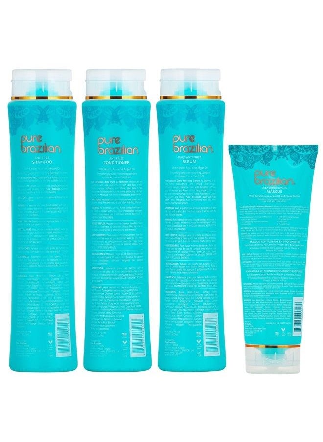 Pure Brazilian 4 Piece Essential Home Care Kit - Anti Frizz Serum, Shampoo, Conditioner, And Deep Conditioning Masque- With Keratin, Argan Oil, And Acai  - Image 2