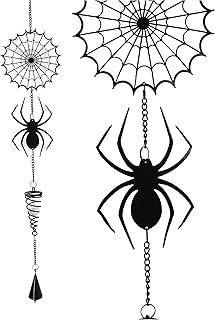 Ebros Gift Arachnid Spider Web Cobweb Black Coated Steel Metal Wall Hanging Wind Chime with Beads Home and Patio Decor - Image 1