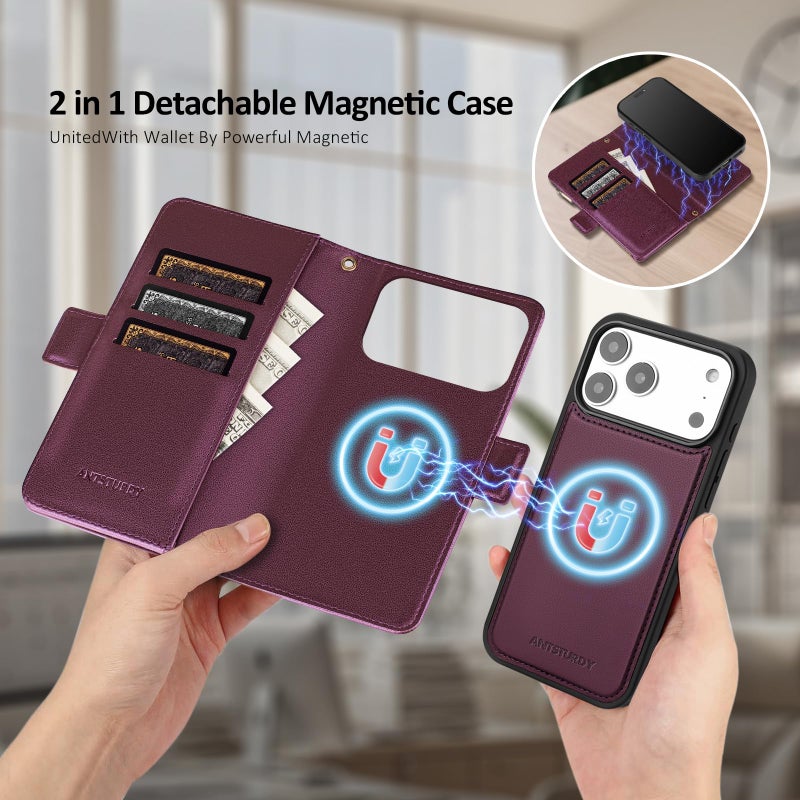Antsturdy Compatible with Magsafe Magnetic 2 in 1 Detachable iPhone 17 Pro Max Wallet Case with Credit Card Holder Slots,PU Leather RFID Blocking Phone Cover Wrist Strap Zipper Women Men,Wine Red - Image 2