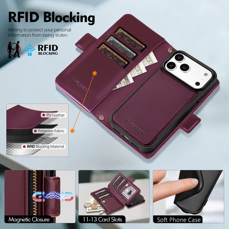 Antsturdy Compatible with Magsafe Magnetic 2 in 1 Detachable iPhone 17 Pro Max Wallet Case with Credit Card Holder Slots,PU Leather RFID Blocking Phone Cover Wrist Strap Zipper Women Men,Wine Red - Image 3