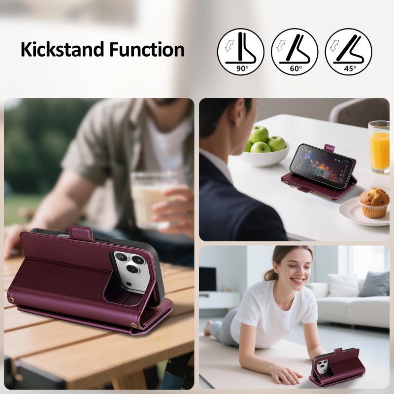 Antsturdy Compatible with Magsafe Magnetic 2 in 1 Detachable iPhone 17 Pro Max Wallet Case with Credit Card Holder Slots,PU Leather RFID Blocking Phone Cover Wrist Strap Zipper Women Men,Wine Red - Image 5