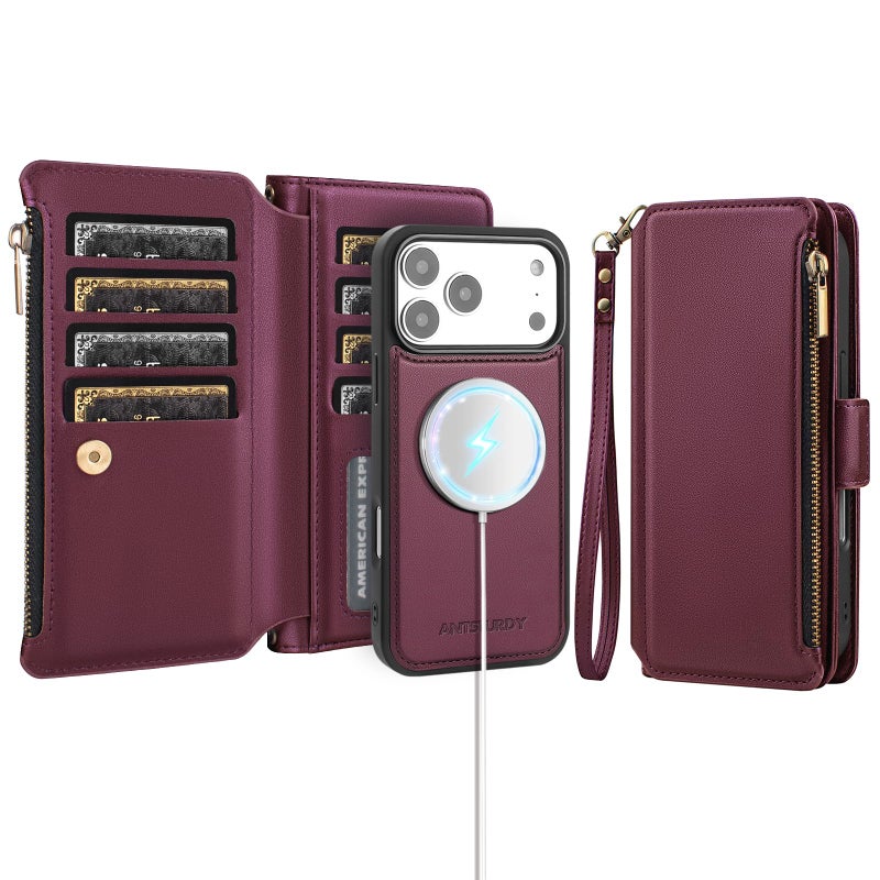 Antsturdy Compatible with Magsafe Magnetic 2 in 1 Detachable iPhone 17 Pro Max Wallet Case with Credit Card Holder Slots,PU Leather RFID Blocking Phone Cover Wrist Strap Zipper Women Men,Wine Red - Image 1