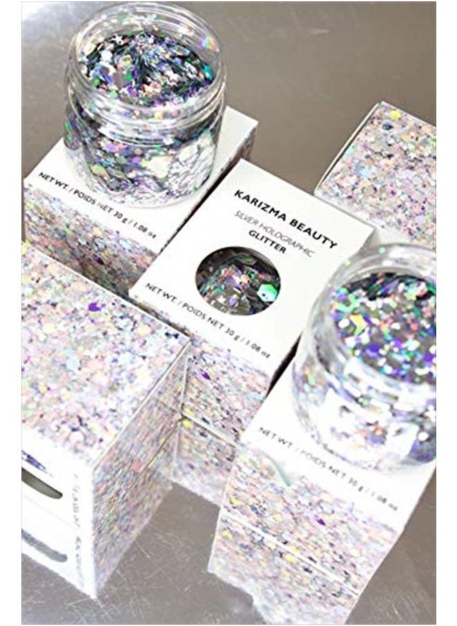 KARIZMA - Holographic Silver Body Glitter. 30g Chunky Face Glitter, Hair Glitter, Eye Glitter and Body Glitter for Women. Rave Glitter, Festival Accessories, Cosmetic Glitter Makeup. Loose Glitter Set - Image 1