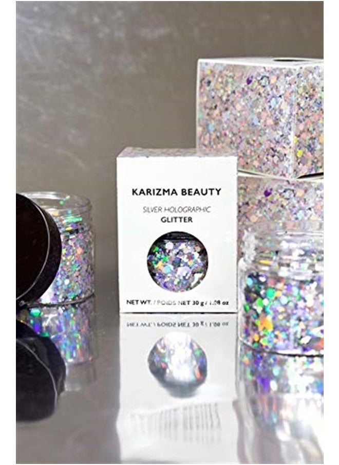 KARIZMA - Holographic Silver Body Glitter. 30g Chunky Face Glitter, Hair Glitter, Eye Glitter and Body Glitter for Women. Rave Glitter, Festival Accessories, Cosmetic Glitter Makeup. Loose Glitter Set - Image 1