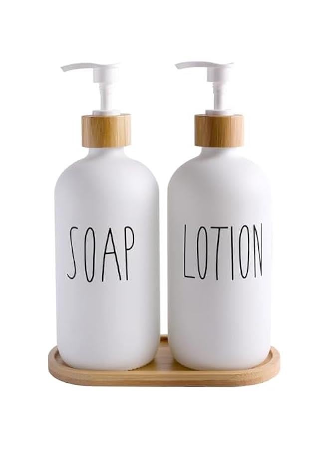 HOOKOR Soap Dispenser Bathroom Set, Set with Glass Dispenser, Bamboo Pumps & Tray. Hand and Lotion Suitable for Farmhouse Decor(Sl White & Tray)  - Image 1
