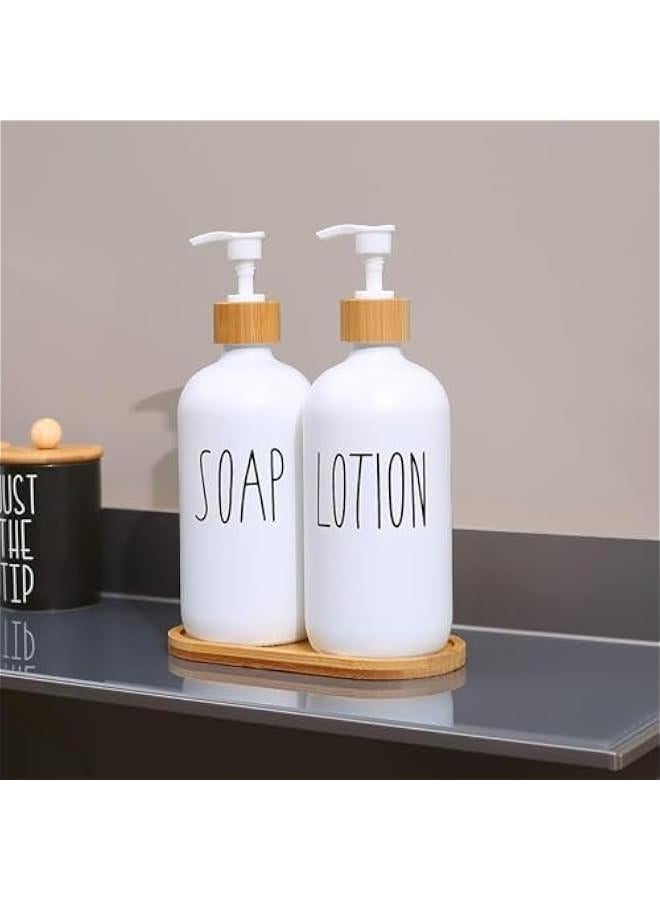 HOOKOR Soap Dispenser Bathroom Set, Set with Glass Dispenser, Bamboo Pumps & Tray. Hand and Lotion Suitable for Farmhouse Decor(Sl White & Tray)  - Image 3