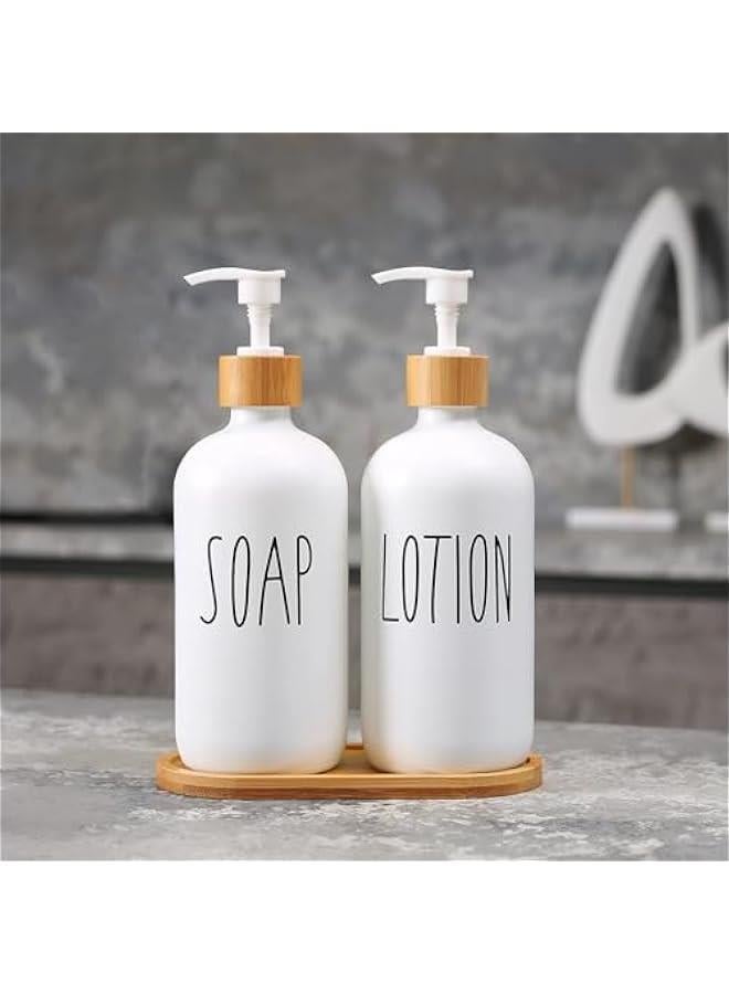 HOOKOR Soap Dispenser Bathroom Set, Set with Glass Dispenser, Bamboo Pumps & Tray. Hand and Lotion Suitable for Farmhouse Decor(Sl White & Tray)  - Image 2