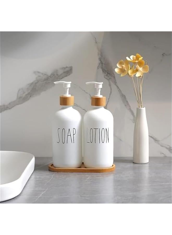 HOOKOR Soap Dispenser Bathroom Set, Set with Glass Dispenser, Bamboo Pumps & Tray. Hand and Lotion Suitable for Farmhouse Decor(Sl White & Tray)  - Image 4
