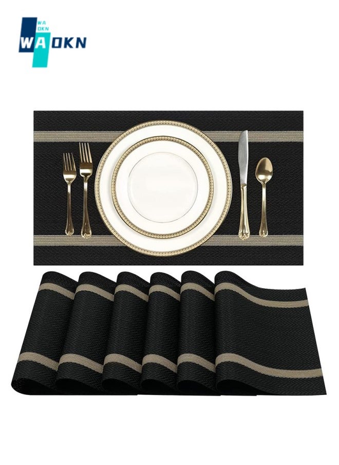 WAOKN Black Placemats Set of 6 - Washable Easy-to-clean Vinyl Placemats - Heat-resistant PVC Placemats - Table Mat 45x30 cm (Black and Gold)  - Image 1