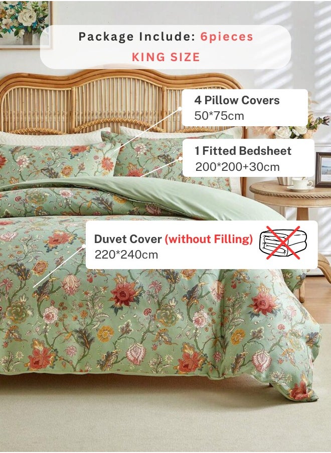 LUNA Home King Size 6 Pieces, Reversible Style Duvet Cover Set, Roses Design Khaki Color.  - Image 2