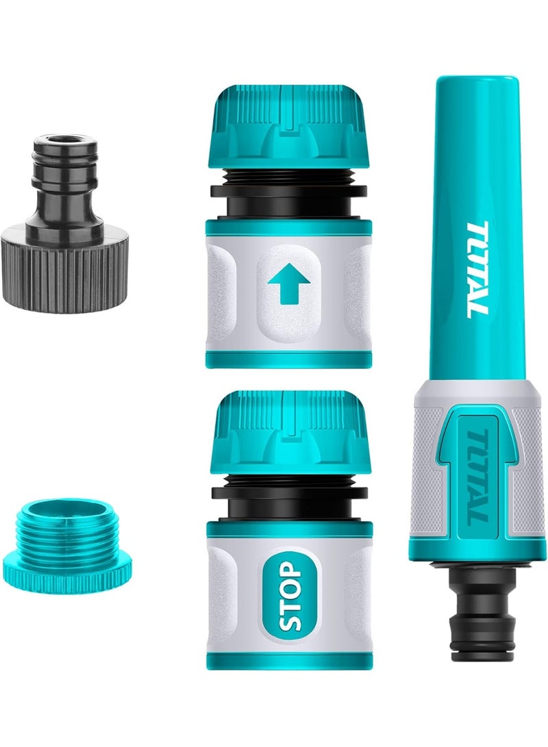 TOTAL 5-Piece Garden Hose Nozzle Set – Adjustable Twist Spray Nozzles, 1/2" & 3/4" Quick Connectors, Tap Adaptors, Snap-in Watering Tool Kit – ABS Garden Watering Accessories THHCS05122 - Image 1