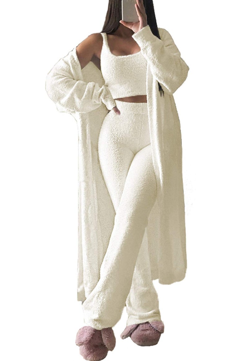 Fixmatti Women's Fuzzy 3 Piece Sweatsuit Open Front Cardigan Crop Tank Tops Wide Legs Pants Lounge Sets Small White - Image 1