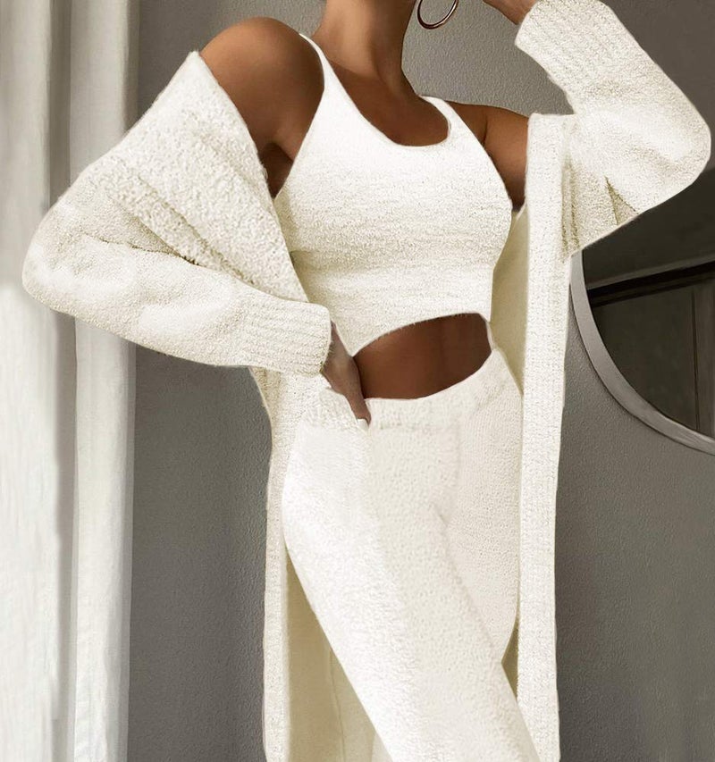 Fixmatti Women's Fuzzy 3 Piece Sweatsuit Open Front Cardigan Crop Tank Tops Wide Legs Pants Lounge Sets Small White - Image 2
