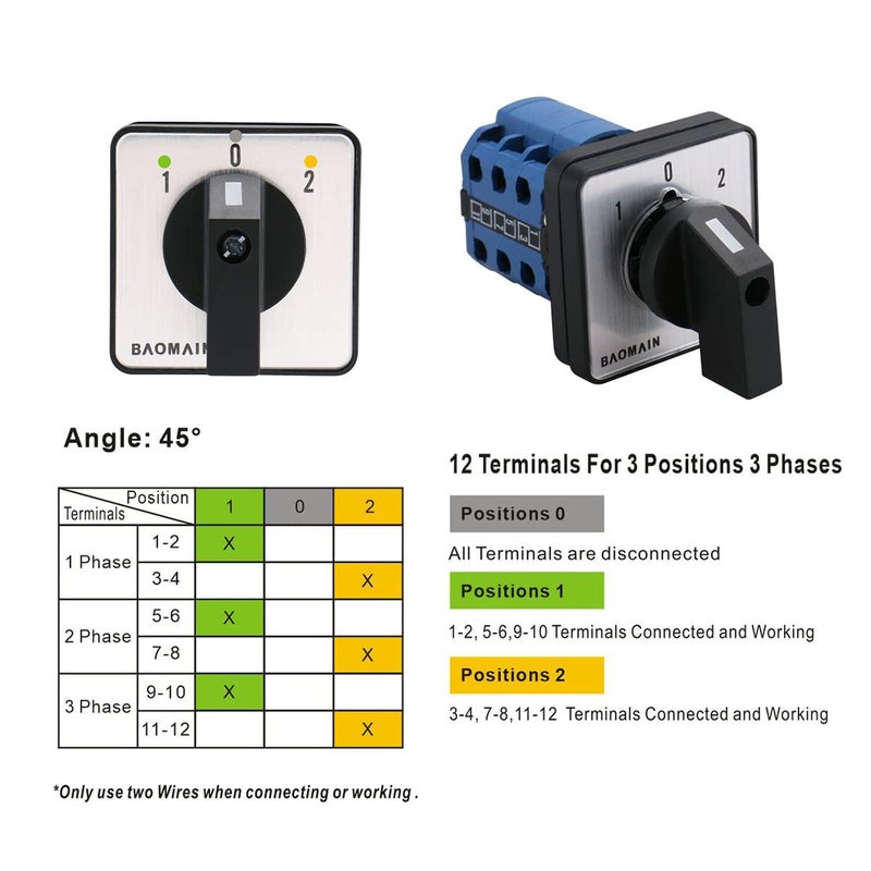 Baomain 660V 20A On-Off-On 3 Positions 12 Terminals Changeover Control Rotary Cam Switch SZW26-20/D303.3 - Image 2