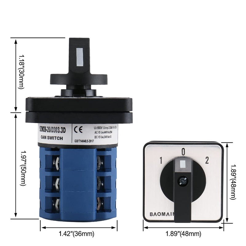 Baomain 660V 20A On-Off-On 3 Positions 12 Terminals Changeover Control Rotary Cam Switch SZW26-20/D303.3 - Image 3