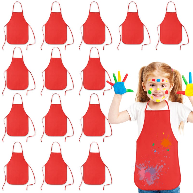 KUUQA 16Pack Kids Art Aprons Bulk Red Children Painting Aprons Art Smocks for Craft Kitchen Classroom Painting Party Supplies - Image 1