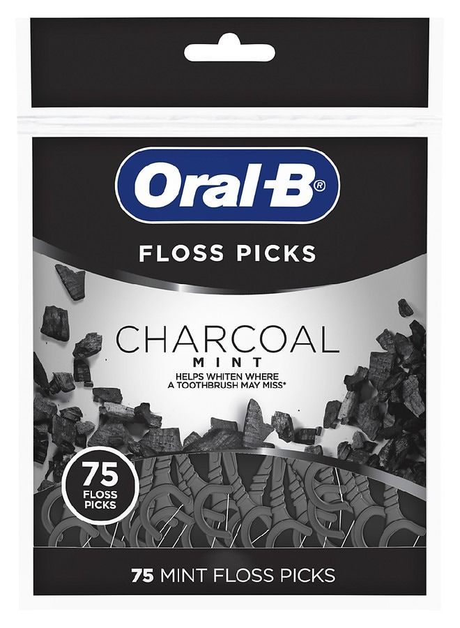 Oral-B Charcoal Infused Mint Dental Floss Picks, 75 Count - Image 1