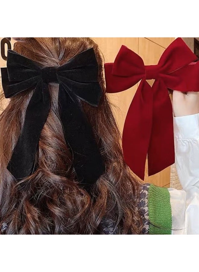 Ucanbe 2-Piece Velvet Hair Bow with Satin Long Tails, Elegant Headpieces Barrette Set for Women and Girls (Red + Black) - Image 2