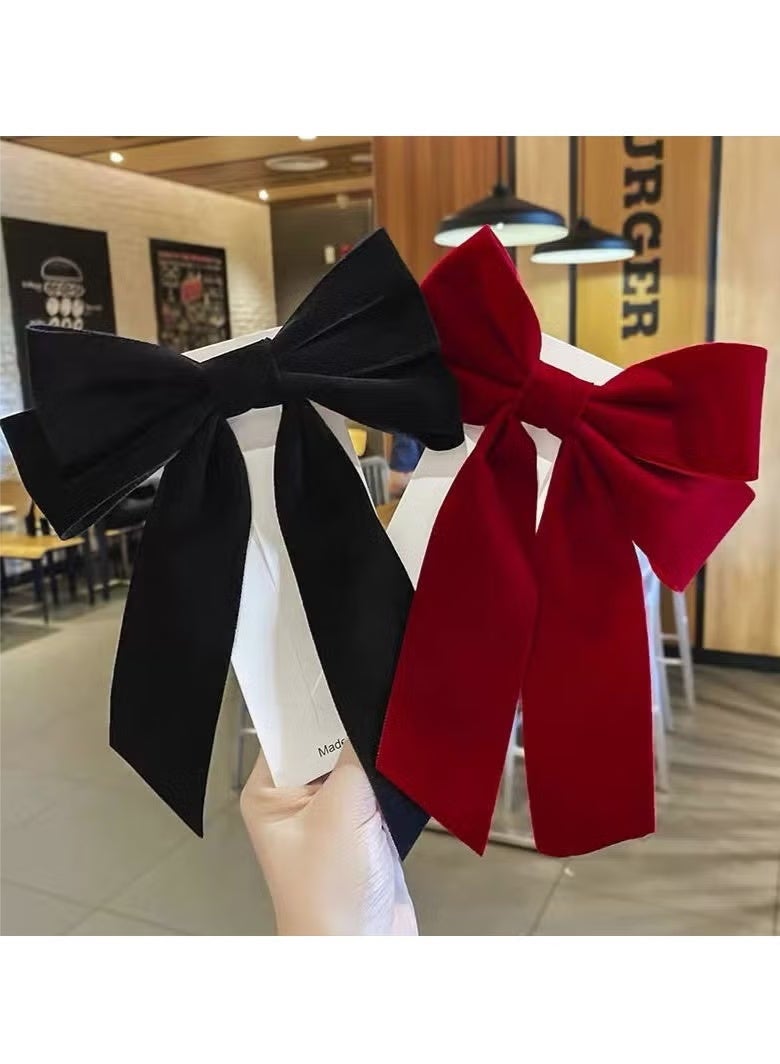 Ucanbe 2-Piece Velvet Hair Bow with Satin Long Tails, Elegant Headpieces Barrette Set for Women and Girls (Red + Black) - Image 4