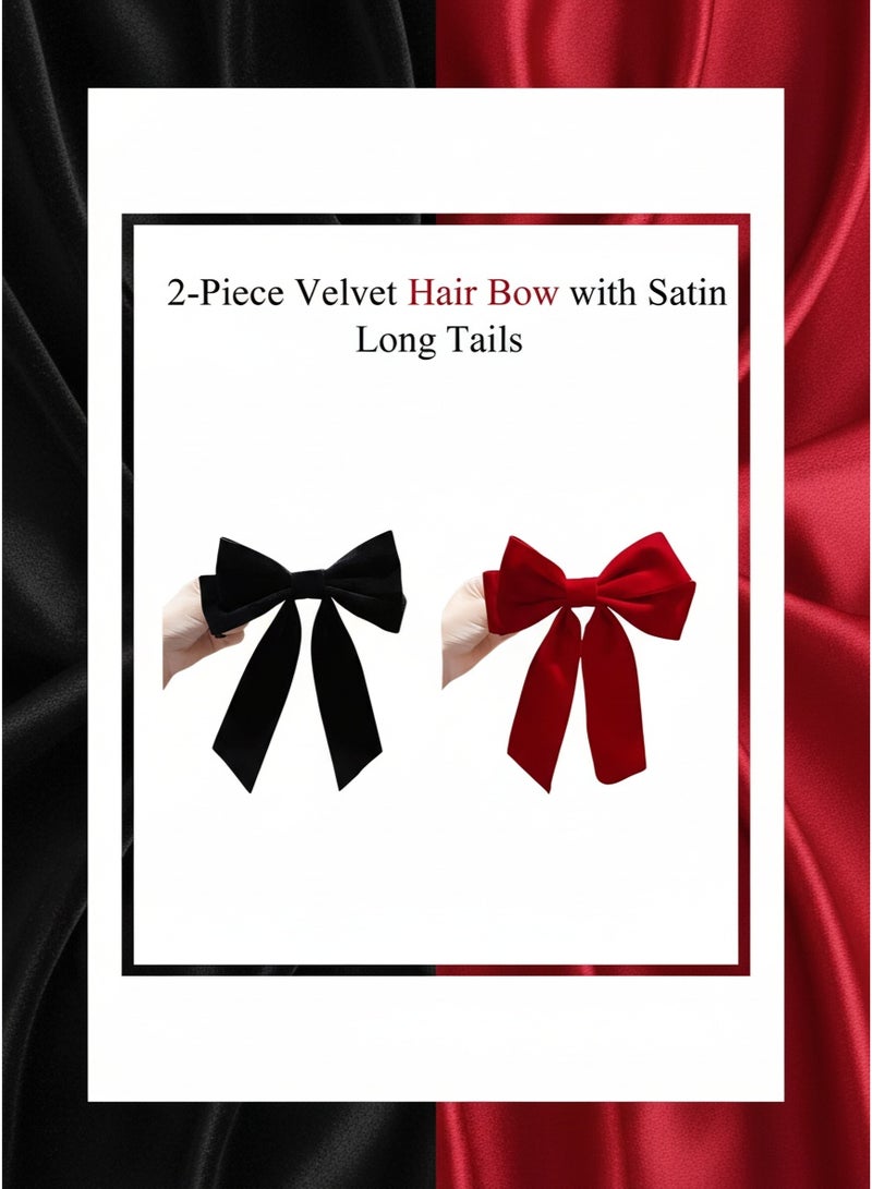 Ucanbe 2-Piece Velvet Hair Bow with Satin Long Tails, Elegant Headpieces Barrette Set for Women and Girls (Red + Black) - Image 1