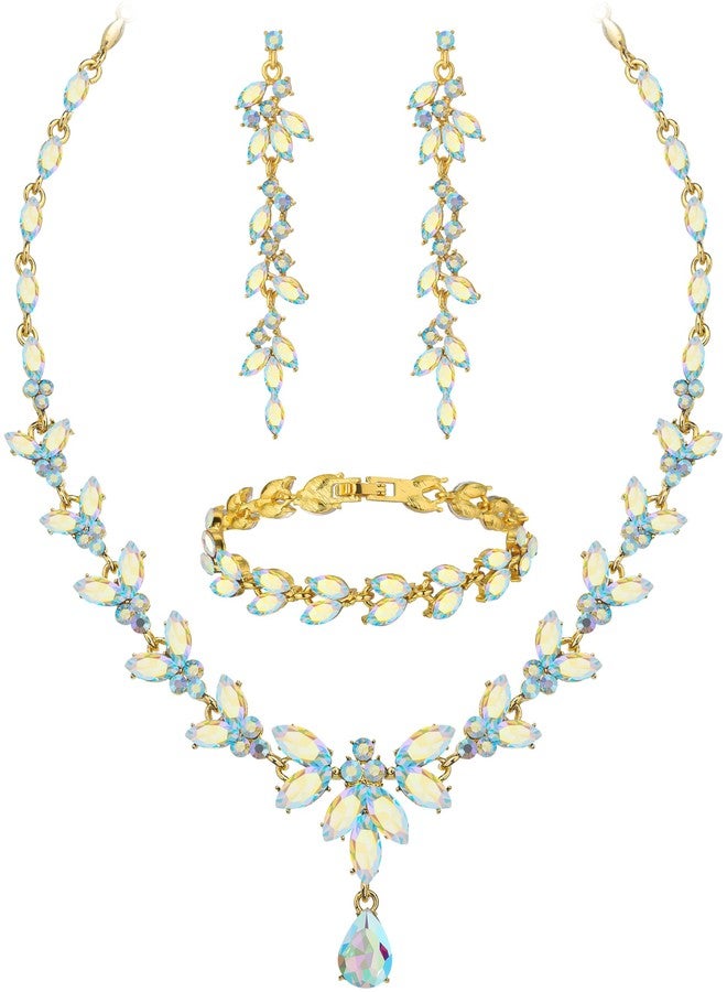 Paxuan Wedding Jewelry Sets for Bride Bridesmaid Bridal Jewelry Set for Women Wedding Crystal Necklace Earrings Bracelet Set for Party Prom Jewelry (AB - 14K Gold) - Image 1
