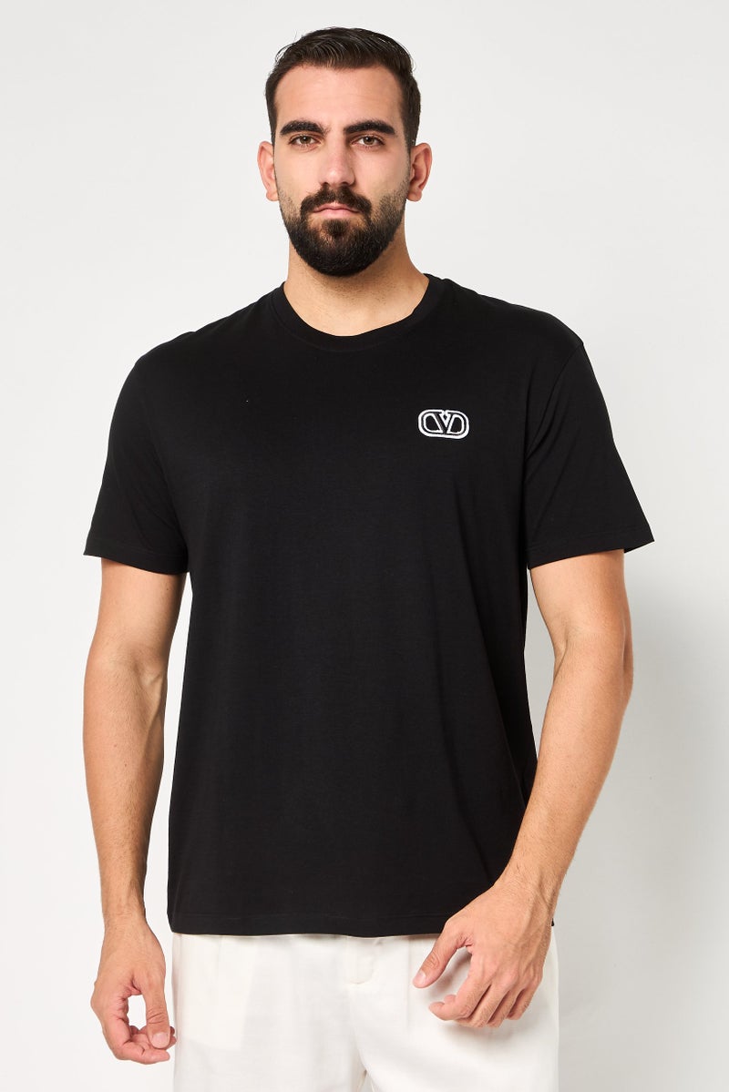 VALENTINO Men Crew Neck Short Sleeve Embroidered Logo T-Shirt, Black - Image 1