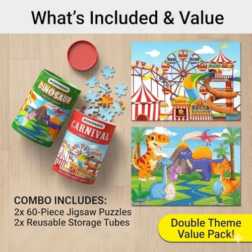 WONDRBOX Jigsaw Puzzle for Kids for Age 5 6 7 Years Boys and Girls | 60 Pieces | Size 15X10 Inches (Dino + Carnival) - Image 2