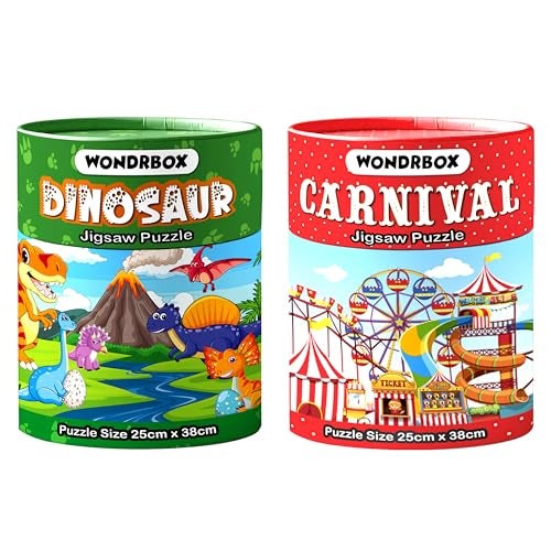 WONDRBOX Jigsaw Puzzle for Kids for Age 5 6 7 Years Boys and Girls | 60 Pieces | Size 15X10 Inches (Dino + Carnival) - Image 1